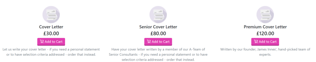 CV Centre Cover Letter Price and Packages chart