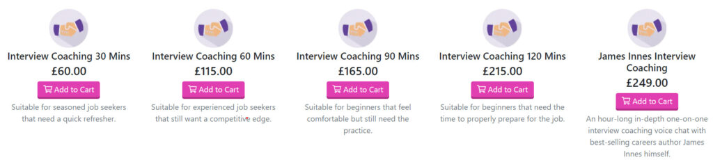 CV Centre Interview Coaching Price chart