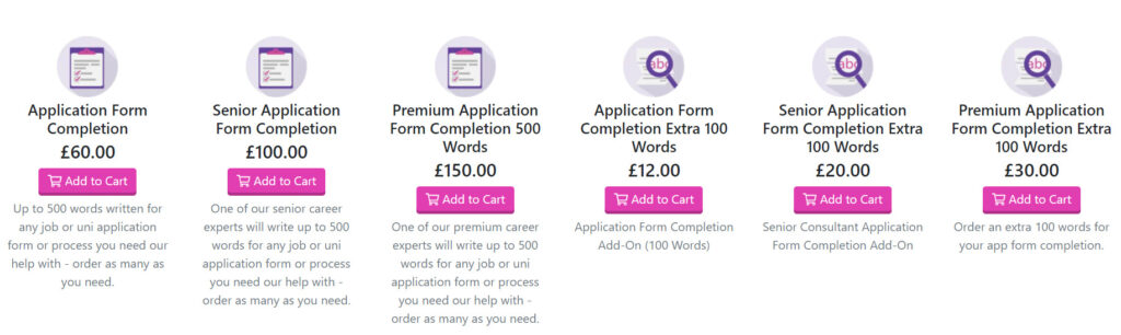 CV Centre Job Application Form Price and Packages chart