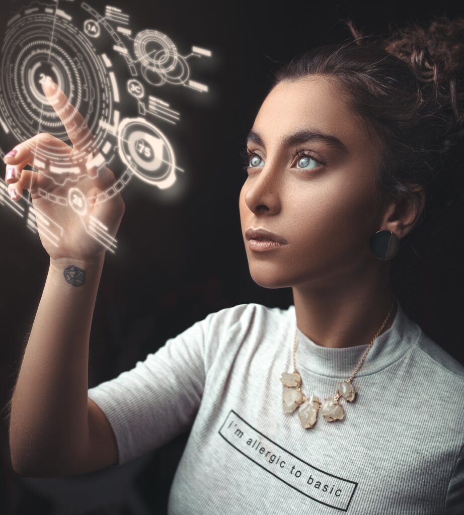 An image of a woman in a futuristic career showing the best in demand jobs for the future. The 17 best future careers are described in this blog article.