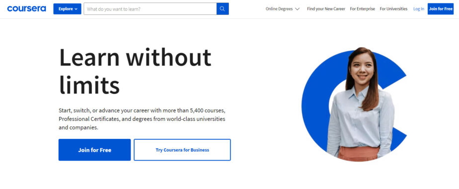 Image of the Coursera home page with the phrase 'Learn without limits" written and a smiling young woman.