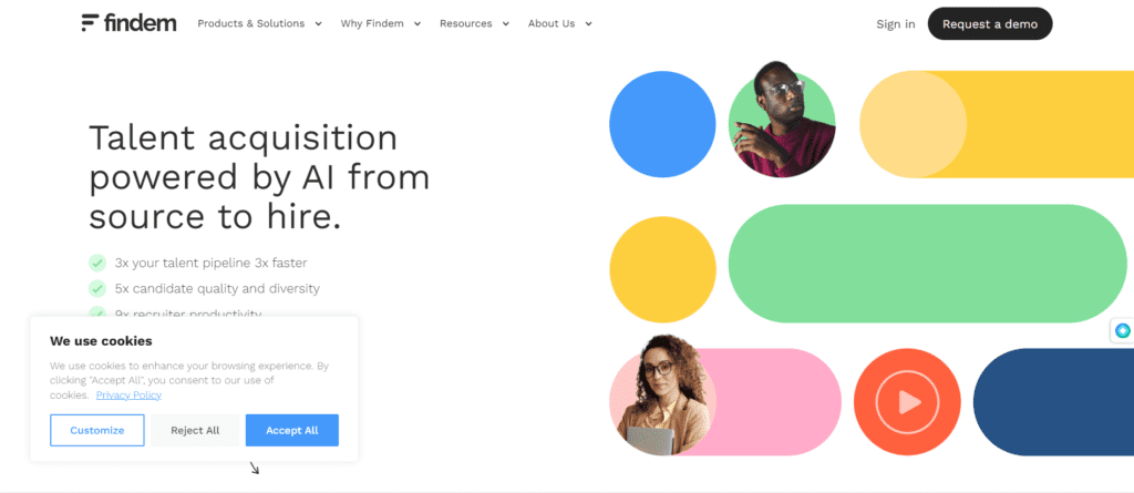 An image of the findem homepage. Talent acquisition powered by AI from source to hire. Findem is one of best AI recruitment tools.