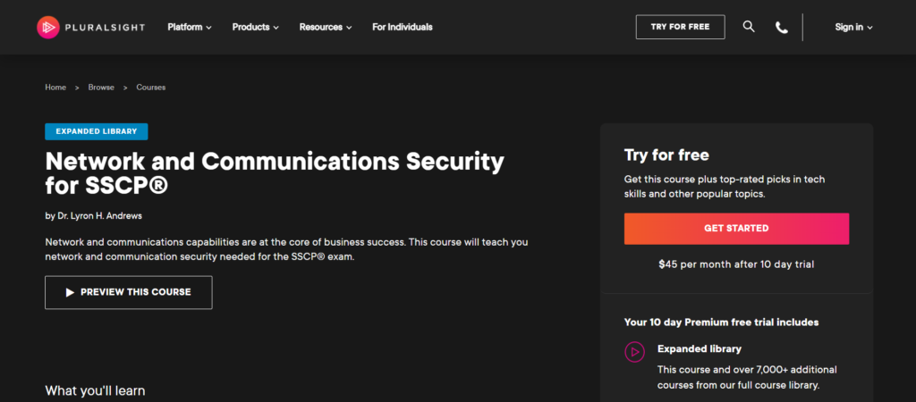 Pluralsight - Network and Communications Security for SSCP course page